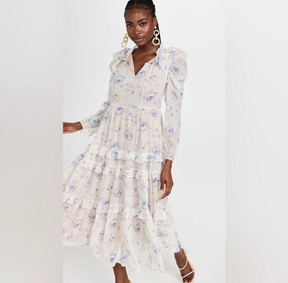 En Saison Kika Ivory Floral Chiffon Tiered Ruffle Puff Sleeve Midi Dress Small